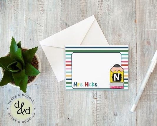 Personalized Blank Note Card Set of 10- Bright Stripes with Envelopes| Custom Note Cards for Teacher Gifts| Name Stationery Gift Set